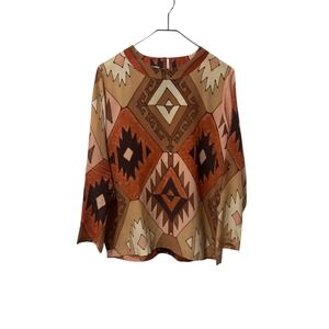 The Creative Barn Silk Geometric Print  Long Sleeve Blouse Top VINTAGE